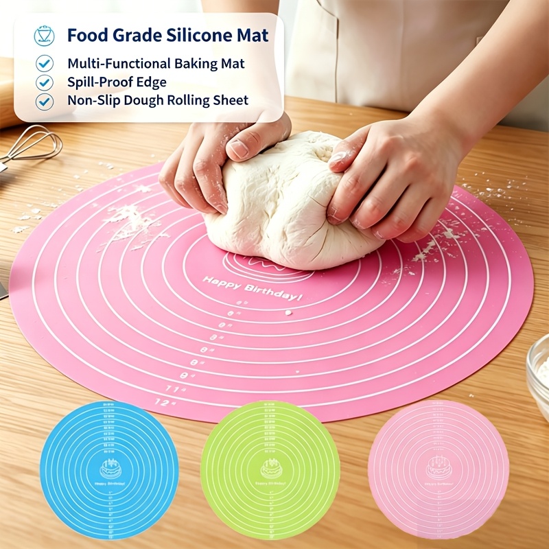 Round Silicone Pastry Mat, Food Grade Non-Slip Dough Kneading Mat with Measuring Scale, Non-Stick Rolling Dough Mat for Dumplings, Pizza, Cake Making, Reusable Washable Baking Countertop Mat, Kitchen Baking Accessory