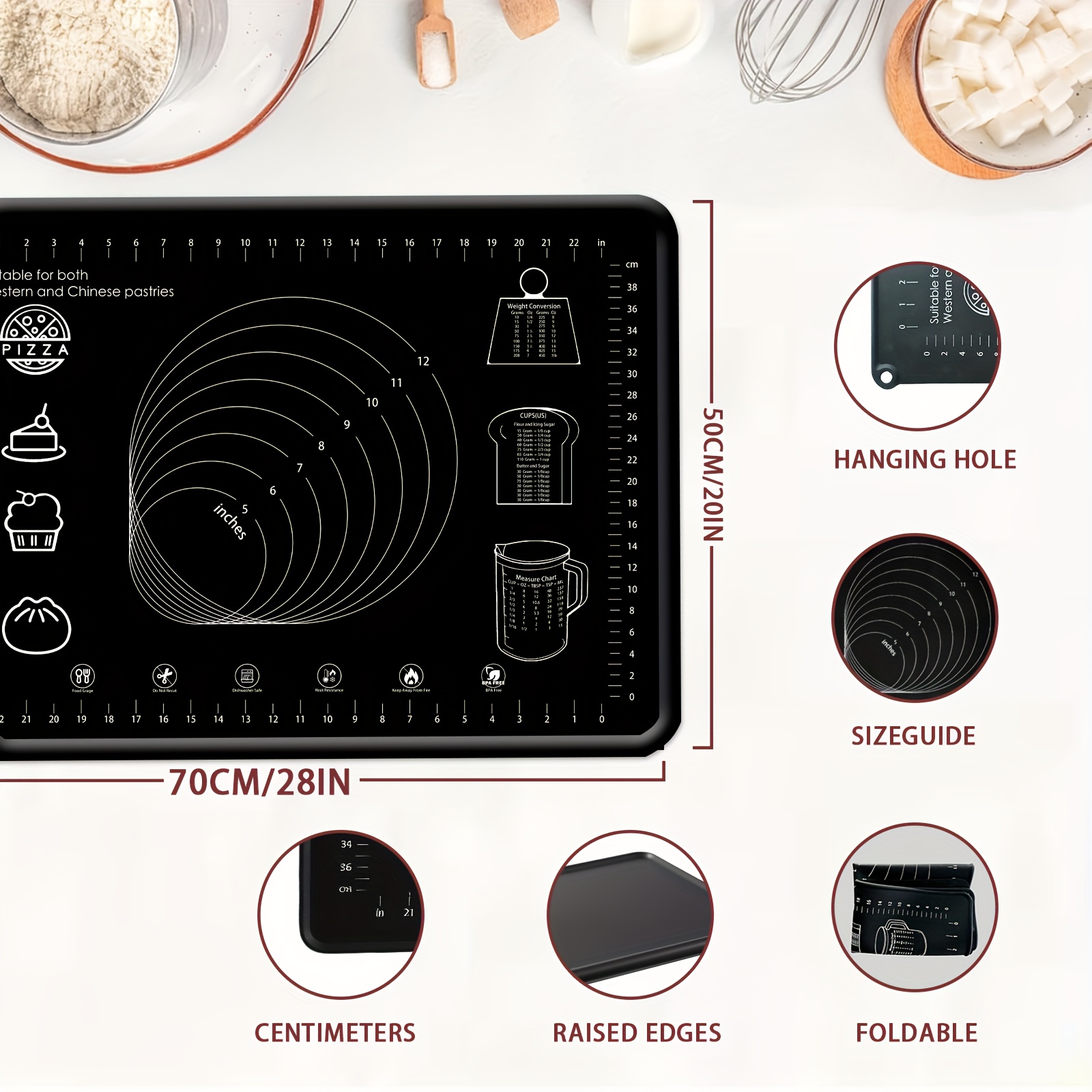 Extra-Thick Silicone Pastry Mat, Non-slip Silicone Baking Mat, Reusable Dough Rolling Mats with Measurements, Perfect for Baking, Pizza & Cake Dough, Odor-Free with Natural Dye, Silicone Mat for Dough, Baking Mat Extra Thick, Dough Mat - Image 8