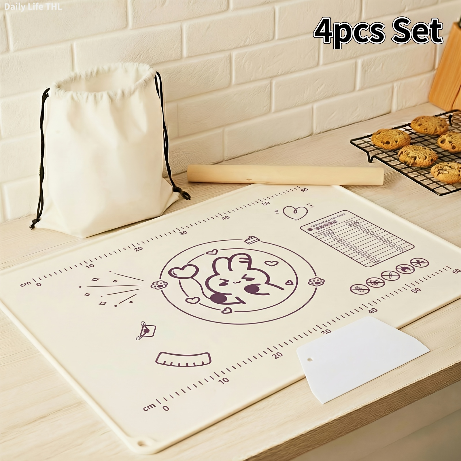 Non-Slip Silicone Baking Mat for Pastry, A Set of 4 Baking Utensils with Extra-Large Pastry Mat, Dough Scraper, Rolling Pin & Storage - Food-Grade Countertop Protector for Pie, Pizza, Bread - Thickened Edge, Conversion Chart, Non-Stick - Image 3