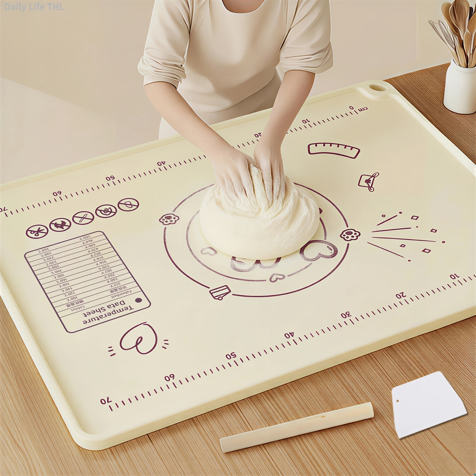 Non-Slip Silicone Baking Mat for Pastry, A Set of 4 Baking Utensils with Extra-Large Pastry Mat, Dough Scraper, Rolling Pin & Storage - Food-Grade Countertop Protector for Pie, Pizza, Bread - Thickened Edge, Conversion Chart, Non-Stick