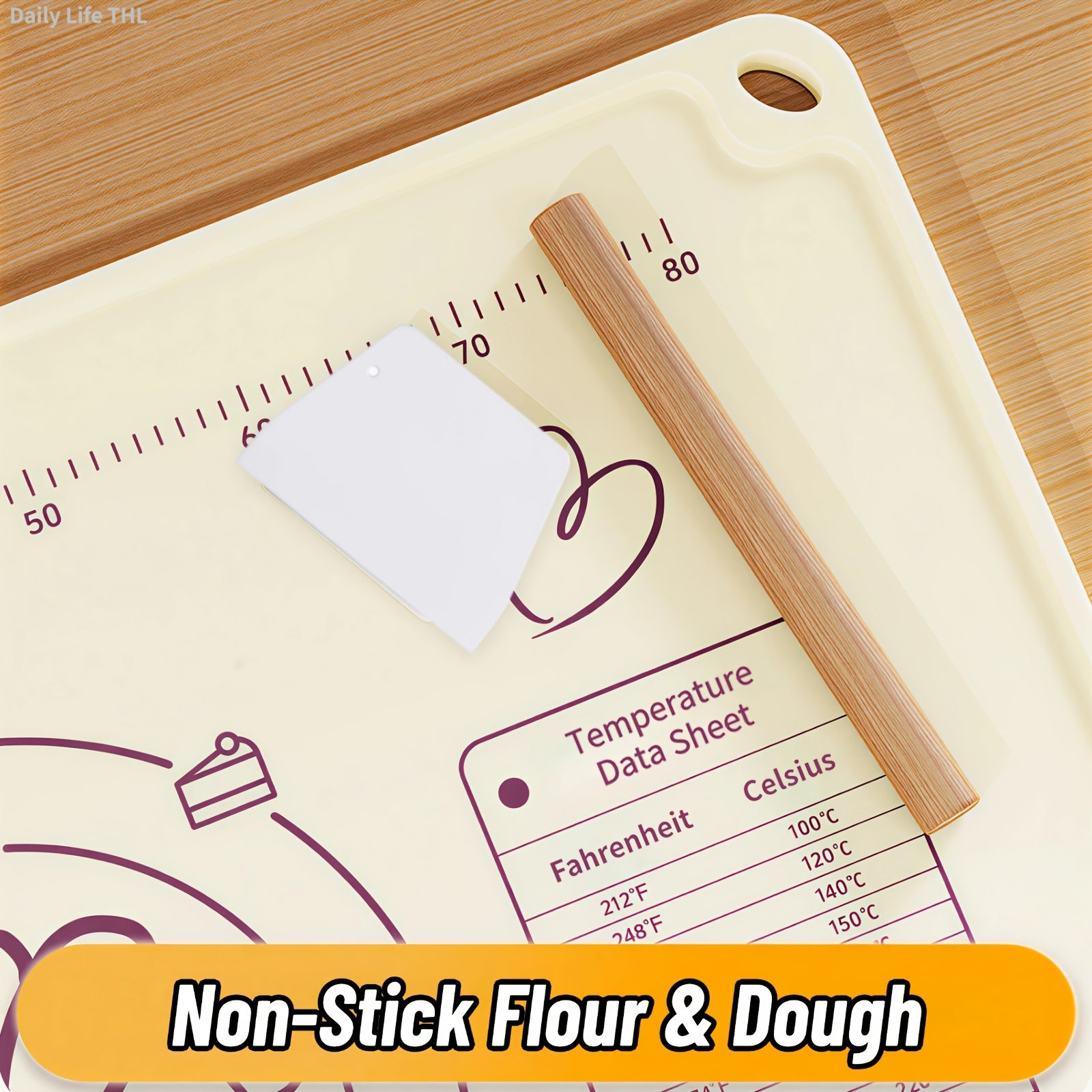 Non-Slip Silicone Baking Mat for Pastry, A Set of 4 Baking Utensils with Extra-Large Pastry Mat, Dough Scraper, Rolling Pin & Storage - Food-Grade Countertop Protector for Pie, Pizza, Bread - Thickened Edge, Conversion Chart, Non-Stick - Image 6