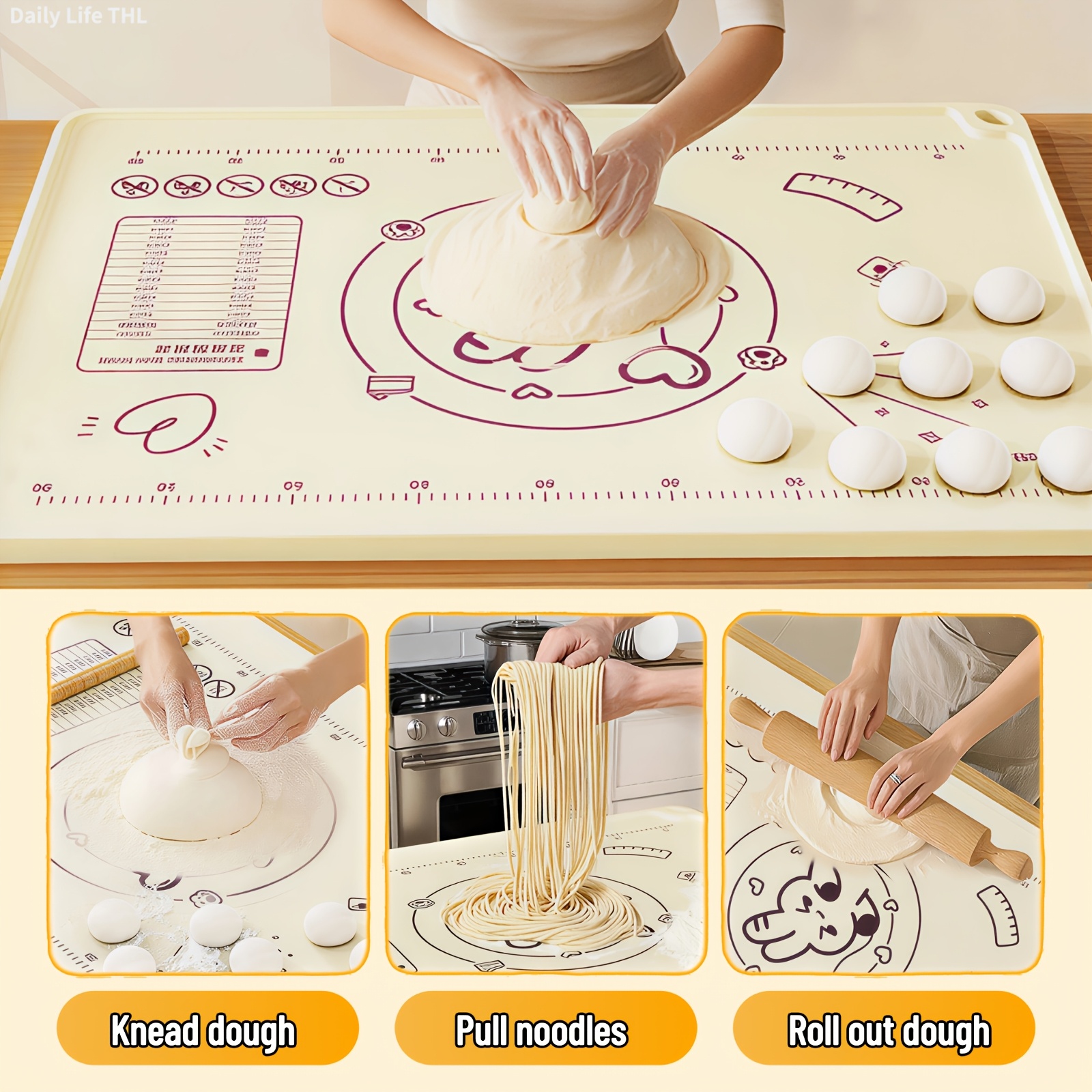 Non-Slip Silicone Baking Mat for Pastry, A Set of 4 Baking Utensils with Extra-Large Pastry Mat, Dough Scraper, Rolling Pin & Storage - Food-Grade Countertop Protector for Pie, Pizza, Bread - Thickened Edge, Conversion Chart, Non-Stick - Image 7