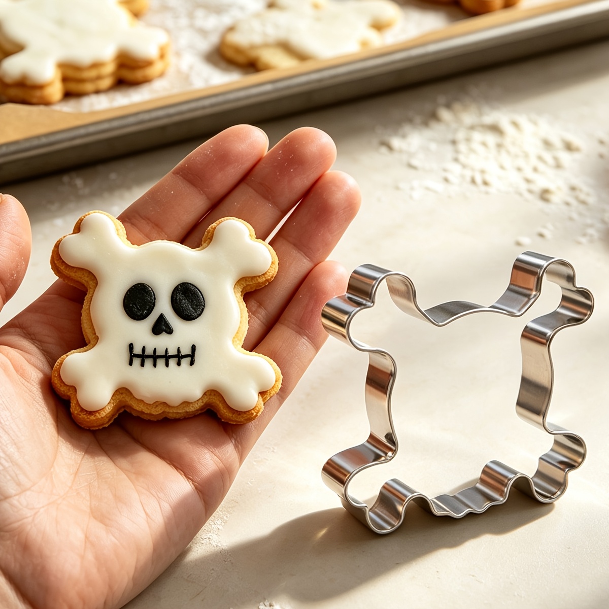1pc Halloween Skull Bone Stainless Steel Cookie Cutter, 430 Stainless Steel Cookie Cutting Mold, Home Baking Tool, Holiday Party Cookie Press Mold, Cake Chocolate Shaping Mold