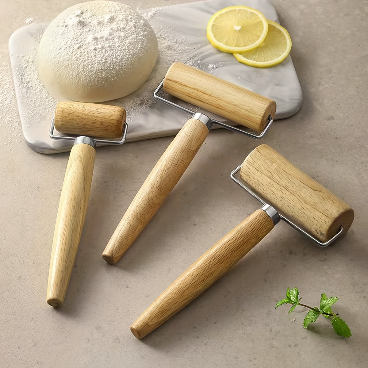 1pc Solid Wood Rolling Pin with Wheels, Dough Pressing Roller, Baking Tool, Wooden Rolling Rod for Dumpling Wrappers, Household Kitchen Gadget